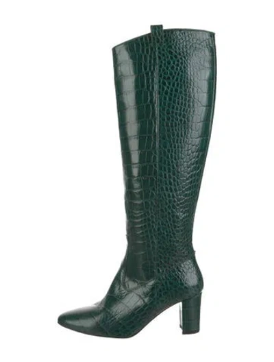 Pre-owned Veronica Beard Embossed Leather Animal Print Boots In Green
