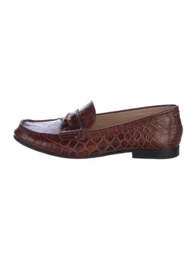 Pre-owned Veronica Beard Embossed Leather Animal Print Loafers In Brown