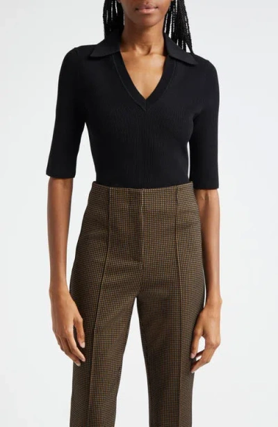 Veronica Beard Emily Johnny Collar Rib Knit Polo In Black