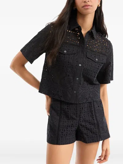 Veronica Beard Eyelet-embroidered Short-sleeve Shirt In Black