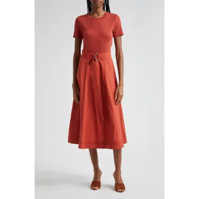 Veronica Beard Facia Mixed Media Stretch Cotton Dress In Brick Red