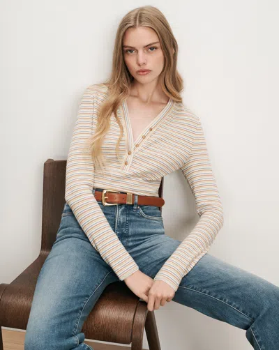 Veronica Beard Faelan Striped Henley Shirt In Rust Multi
