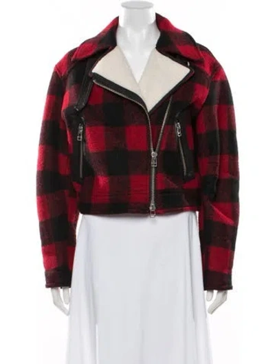 Pre-owned Veronica Beard Faux Fur Plaid Print Biker Jacket In Red