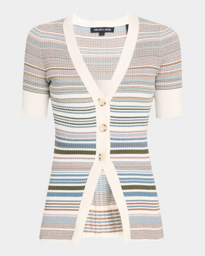 Veronica Beard Fawne Stripe Short-sleeve Cardigan