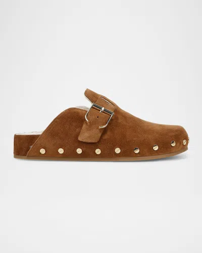 Veronica Beard Fern Suede Buckle Cozy Loafer Clogs In Caramel