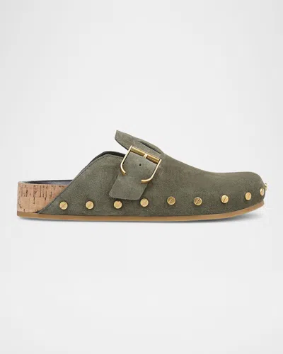 Veronica Beard Fern Suede Buckle Loafer Mules In Green