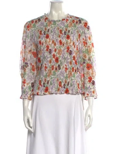 Pre-owned Veronica Beard Floral Print Crew Neck Blouse In White