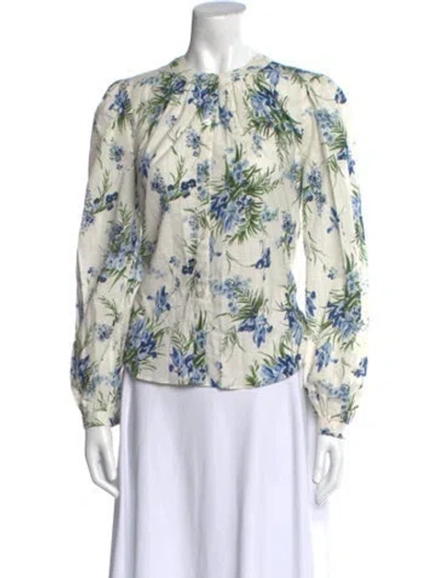 Pre-owned Veronica Beard Floral Print Crew Neck Blouse In White