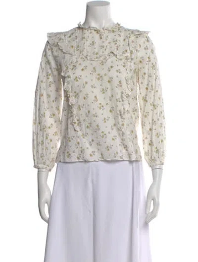 Pre-owned Veronica Beard Floral Print Long Sleeve Blouse In White