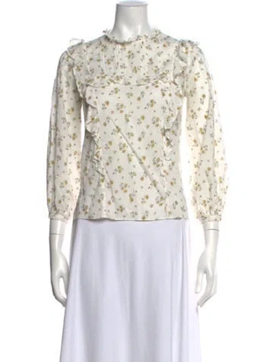 Pre-owned Veronica Beard Floral Print Long Sleeve Blouse In White