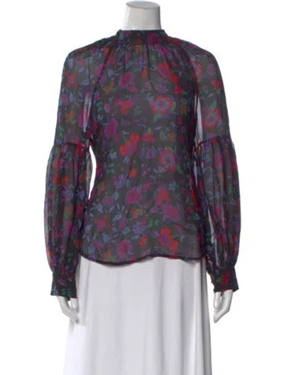 Pre-owned Veronica Beard Floral Print Mock Neck Blouse In Black