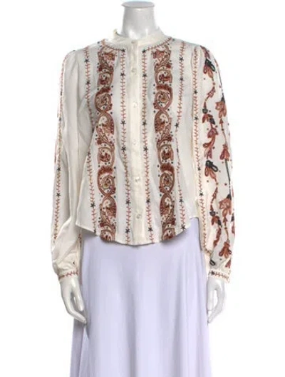Pre-owned Veronica Beard Floral Print Mock Neck Blouse In White
