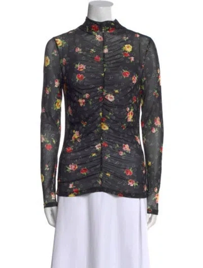 Pre-owned Veronica Beard Floral Print Mock Neck Button-up Top In Black