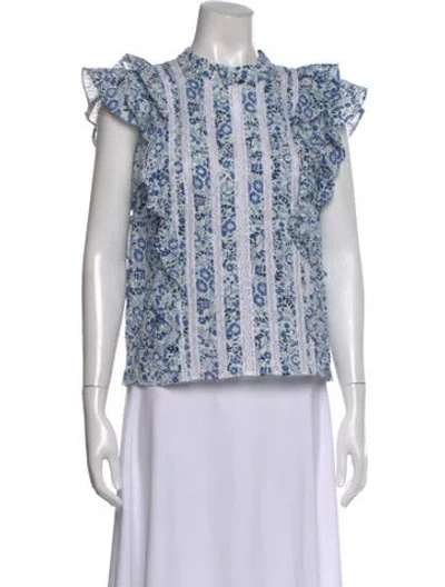 Pre-owned Veronica Beard Floral Print Short Sleeve Blouse In Blue