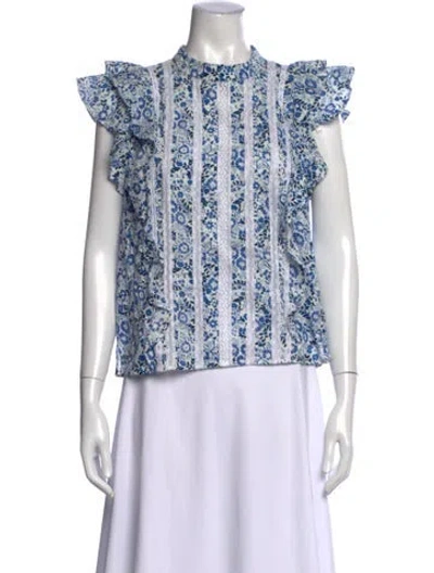 Pre-owned Veronica Beard Floral Print Short Sleeve Blouse In Blue