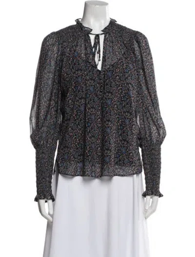 Pre-owned Veronica Beard Floral Print Tie Neck Blouse In Black