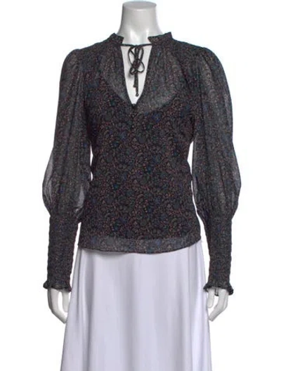 Pre-owned Veronica Beard Floral Print Tie Neck Blouse In Black