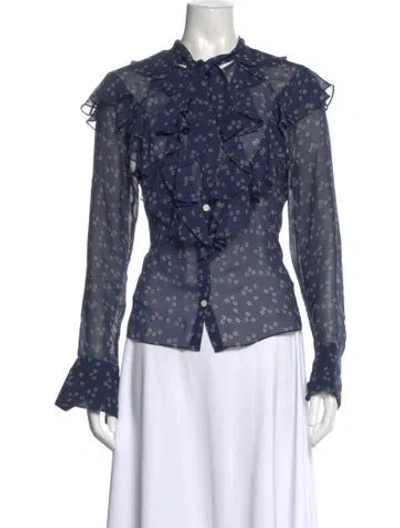 Pre-owned Veronica Beard Floral Print Tie Neck Blouse In Blue