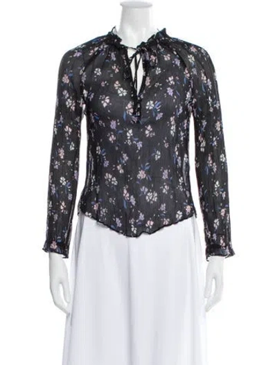 Pre-owned Veronica Beard Floral Print Tie Neck Blouse In Gray