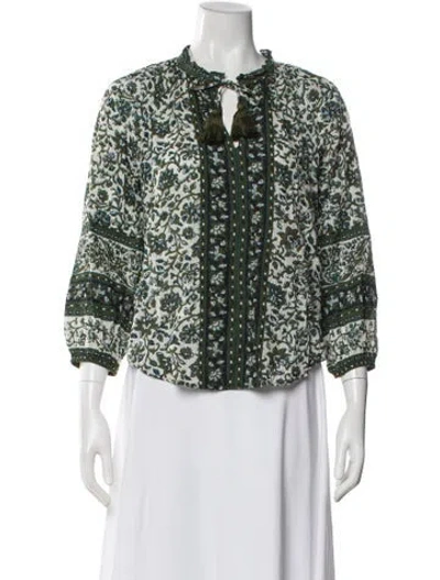 Pre-owned Veronica Beard Floral Print Tie Neck Blouse In Green