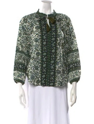 Pre-owned Veronica Beard Floral Print Tie Neck Blouse In Green