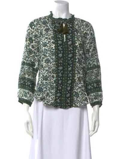 Pre-owned Veronica Beard Floral Print Tie Neck Blouse In Green