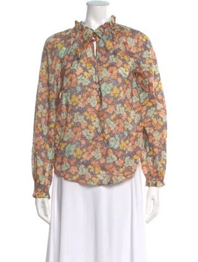 Pre-owned Veronica Beard Floral Print Tie Neck Blouse In Orange