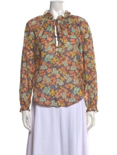 Pre-owned Veronica Beard Floral Print Tie Neck Blouse In Orange
