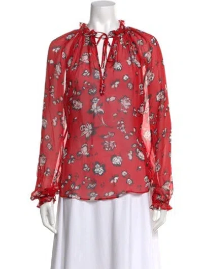 Pre-owned Veronica Beard Floral Print Tie Neck Blouse In Red