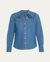 Veronica Beard Gabby Denim Tie-neck Shirt In Blue