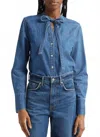 Veronica Beard Gabby Tie Neck Button-up Denim Shirt In Blue