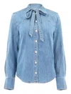 Veronica Beard Gabby Tie Neck Button-up Denim Shirt In Blue