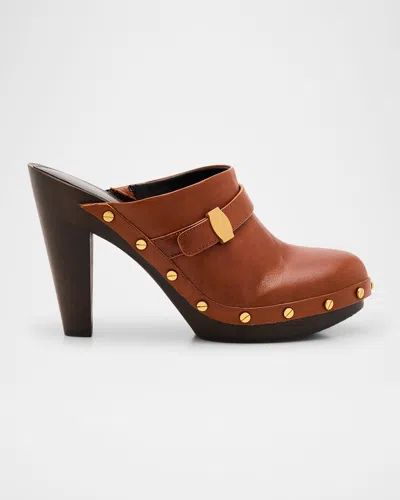 Veronica Beard Giana Leather Block-heel Mules In Brown