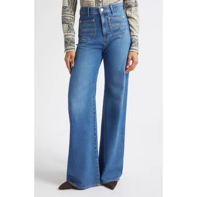 Veronica Beard Grant High Waist Western Stitch Wide Leg Jeans In Blue