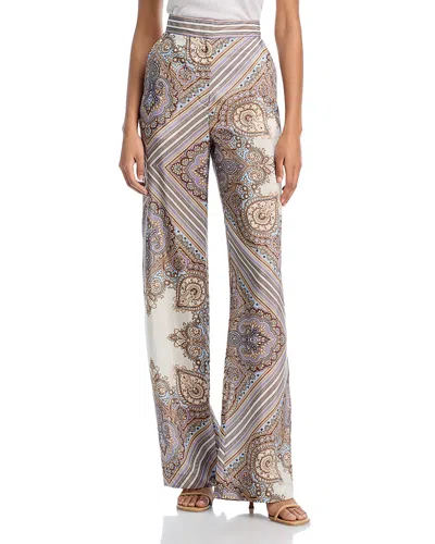 Veronica Beard Grigore Paisley Print Wide Leg Silk Pants In Stone Khaki