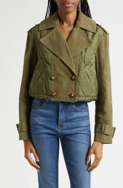 Veronica Beard Harris Crop Mixed Media Double Breasted Jacket In Green