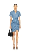 Veronica Beard Hensley Ruched Cotton And Lyocell-blend Mini Shirt Dress In Iceberg
