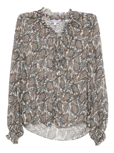 Veronica Beard Hickory Print Tie Neck Silk Blend Shirt In Multi