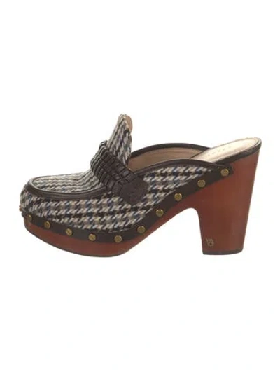 Pre-owned Veronica Beard Houndstooth Print Braided Accents Mules In Brown