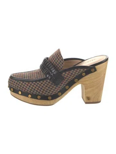 Pre-owned Veronica Beard Houndstooth Print Leather Trim Embellishment Mules In Green/neutrals/red