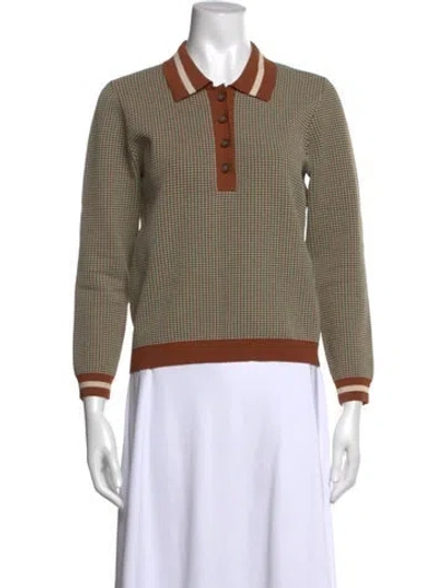 Pre-owned Veronica Beard Houndstooth Print Long Sleeve Polo In Brown