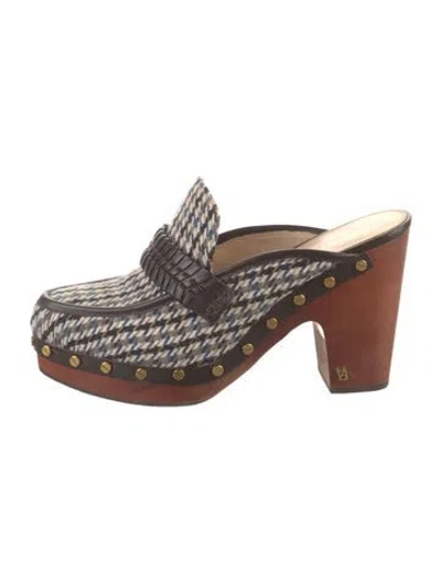 Pre-owned Veronica Beard Houndstooth Print Studded Accents Mules In Brown