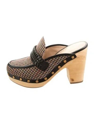 Pre-owned Veronica Beard Houndstooth Print Studded Accents Mules In Neutral