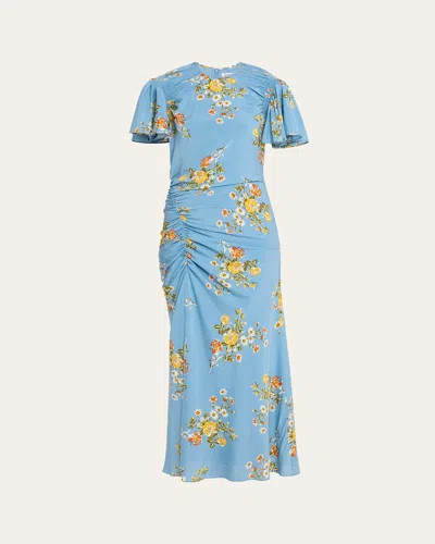 Veronica Beard Huntleigh Gathered Floral-print Silk-blend Satin Midi Dress In Blue