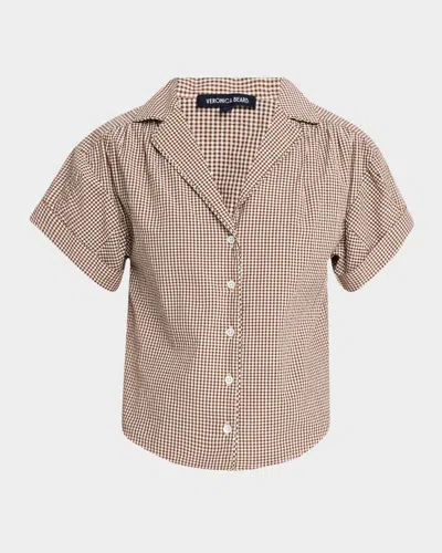 Veronica Beard Ilene Gingham Cuff-sleeve Top In Light Chickorywhite