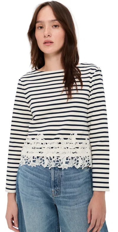 Veronica Beard Jean Hovey Top With Lace Dove/navy Stripe