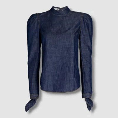 Pre-owned Veronica Beard Jeans $368 Veronica Beard Womens Blue Puff Sleeve Denim Shirt Top Sz 4