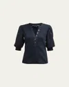Veronica Beard Jeans Coralee Puff Sleeve Button-front Top In Navy