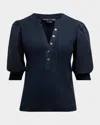 Veronica Beard Jeans Coralee Puff Sleeve Button-front Top In Navy