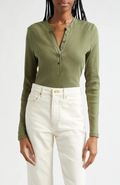 Veronica Beard Jocelyn Rib Stretch Cotton Henley Top In Stone Army